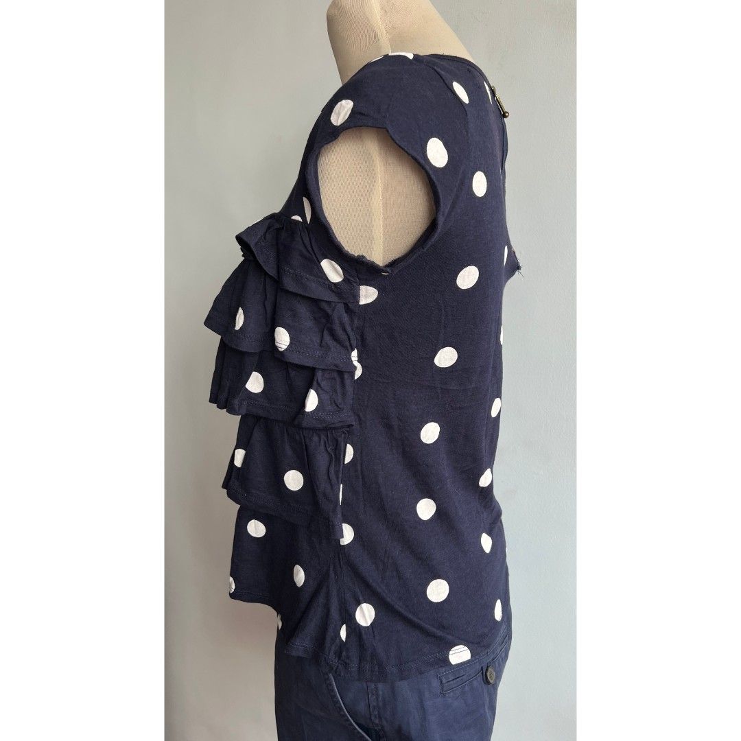 Zara Trafaluc Blouse Shirt Top (Category: Blouses) located in Quezon City. Submitted by all_items_50_each (Listing ID 1453951665, Image 3). Description: Trafaluc by Zara Tiered Ruffle Top Polka dots, layered frills Size on tag: M *some red stains (pic 8) Measurements posted for reference Actual pics posted, pa browse nalang po NO WW 💲ALL ITEMS 50 💰MOP: GCASH ➕Add shipping fee ❌NO rush shipping, meet up, haggling ✔️for rush, use grab/lalamove 🚫
