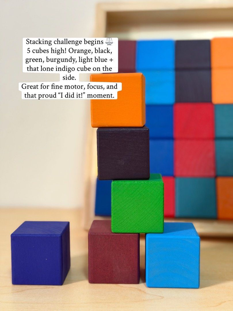 36 PCS Wooden Cubes (Category: Educational & Learning Toys) located in Pasig City. Submitted by timberthinksph (Listing ID 1454147643, Image 3). Description: 36 cubes, infinite ways to play 🌈✨ Our Rainbow Cube Blocks — 36 solid beechwood cubes in 12 rich colors, neatly packed in a wooden tray. Perfect for color sorting, counting, stacking, balancing, and building that first wobbly tower that makes them giggle! .