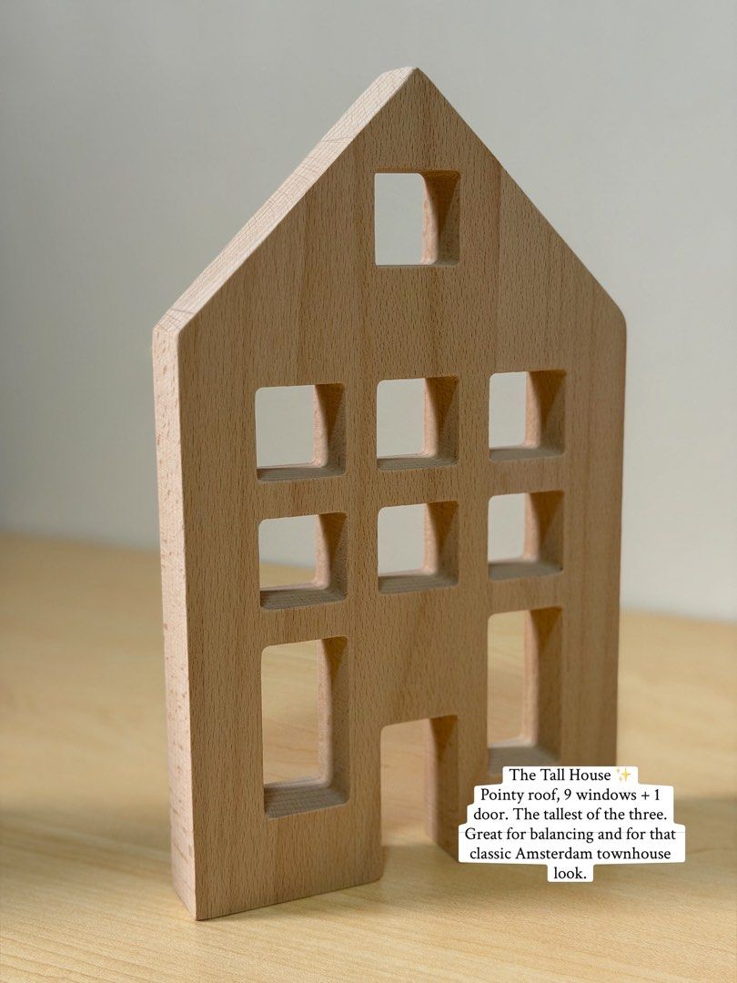 3 Stacking House Blocks (Category: Educational & Learning Toys) located in Pasig City. Submitted by timberthinksph (Listing ID 1454145573, Image 3). Description: Build a little village 🏘️✨ 3 wooden houses — 3 different silhouettes, all with little peek-through windows. Natural beechwood, smooth, solid, and just the right size for small hands. Stack them, line them up as a city, use them for small world play, or leave them on the shelf as decor. 