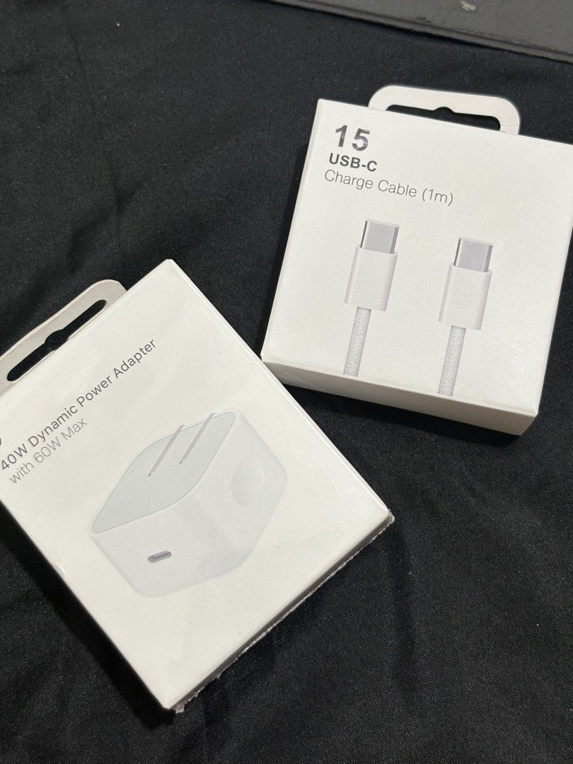 40W/60W Max Adapter + USB-C to USB-C Cable – Fast Charging Set for iPhone (Category: Cables & Adaptors) located in Manila. Submitted by reyshel.t (Listing ID 1454041194, Image 2). Description: Dynamic adapter only 459‼️ Set adapter with cable available cable (Lightning and type c) 599 ⚡ Includes: 40W Dynamic Power Adapter (up to 60W Max) + 1m Braided USB-C Charge Cable ⚡ Ultra-fast charging – powers your iPhone up to 3x faster than standard charg