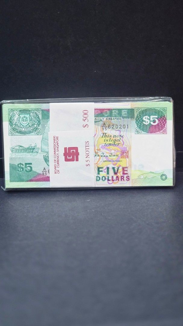 $5 stack (Category: Currency) located in Singapore. Submitted by vin3992 (Listing ID 1454043138, Image 1). Description: Singapore ship series $5 stack 100pcs running number.
