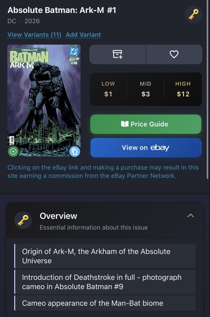 Absolute Batman: Ark-M #1 (2026) Cover A 1st Print (Category: Comics & Manga) located in Naga. Submitted by dearyesteryear (Listing ID 1454080849, Image 3). Description: FOR SALE: Absolute Batman: Ark-M #1 (2026) Cover A 1st Print Message me if you’re looking for specific titles or have a reasonable offer. I’d be happy to help CLEAN, collector-owned copy. Bagged & boarded since acquisition. The premiere issue of the Absolute Batman: Ark-M limited