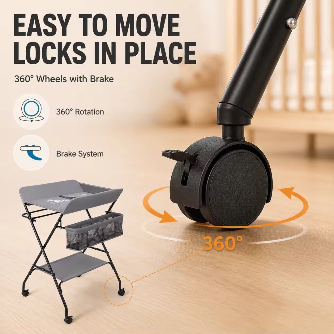 Adjustable Height Baby Changing Station with Wheels and Storage (Category: Changing Mats & Accessories) located in Manila. Submitted by lunalovegoodies (Listing ID 1454184478, Image 3). Description: - Adjustable height for comfortable use, no more back strain. - Built-in wheels for effortless movement around the nursery. - Convenient side basket and lower shelf for storing diapers, wipes, and baby essentials. - A practical and space-saving soluti
