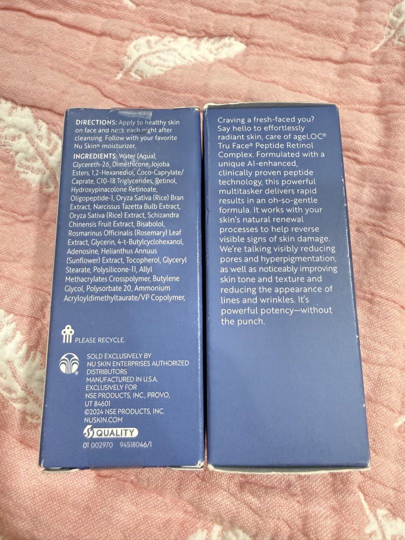 Ageloc Trueface Peptide Retinol Complex 30ml each Nu Skin (Category: Face Care) located in Quezon City. Submitted by beautycallph (Listing ID 1454105325, Image 2). Description: Originally priced at 6000 plus each only selling for 1500 expiry is on Sept 2026 A mild retinol.