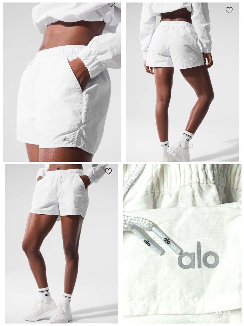 Alo Yoga White Athletic Shorts (Category: Activewear) located in Manila. Submitted by its_ak (Listing ID 1454150390, Image 1). Description: - Brand: Alo Yoga - Color: White - Style: Alumni Shorts - Features: Elastic waistband with drawstring, side pockets - Material: Lightweight, breathable - Ideal for: Workouts, gym, running, casual wear - Details: Subtle Alo Yoga logo on left leg and drawstring tips.