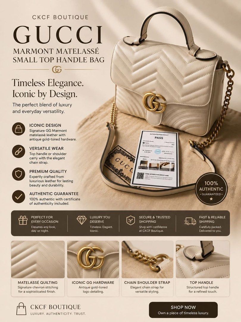 Authentic Gucci Marmont Matellase small (Category: Luxury Bags & Wallets) located in Del Monte. Submitted by ckcf_boutique2012 (Listing ID 1454008892, Image 1). Description: ✨ Timeless Luxury, Everyday Elegance ✨ Elevate your style with the Gucci Marmont Matelassé Small Top Handle Bag in a sophisticated neutral shade. Crafted from signature matelassé leather and finished with the iconic antique gold GG hardware, this piece is the perfect blend of
