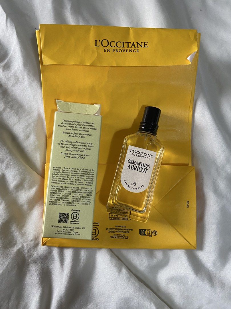 AUTHENTIC L’Occitane Osmanthus Abricot (Category: Fragrance & Deodorants) located in Taguig. Submitted by dds16 (Listing ID 1454041848, Image 2). Description: Authentic l’Occitane Osmanthus abricot eau de toulette Type: Eau de Toilette (EDT)Size: 50 ml (1.6 / 1.7 fl. oz.)Key Notes: Green freshness, velvety apricot, and creamy woody cedar notes Brand new never used. .