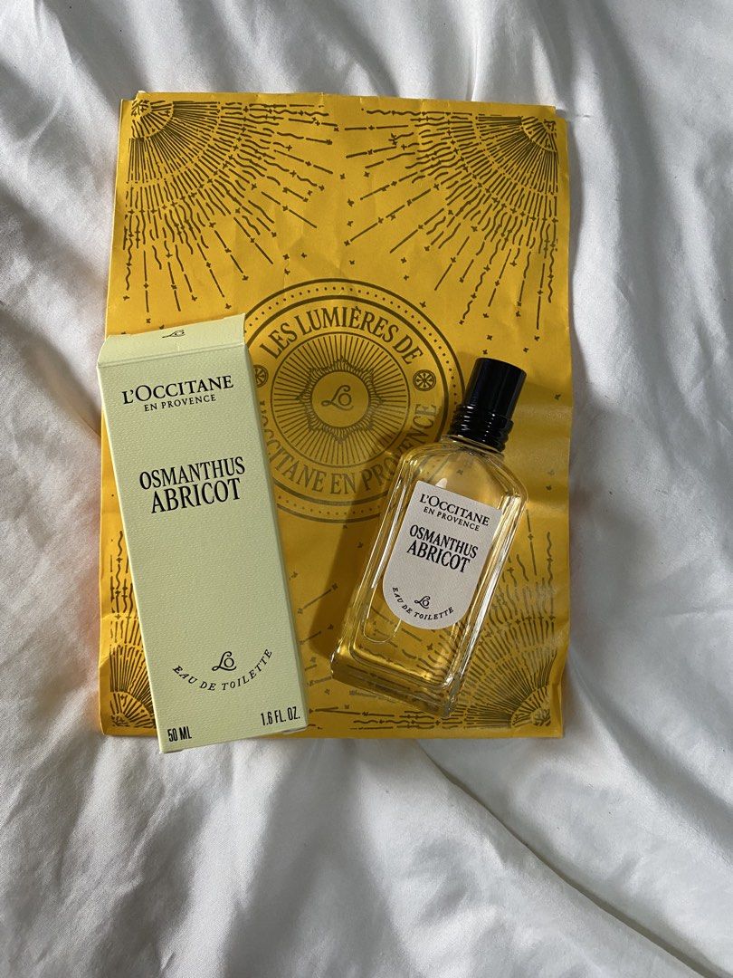 AUTHENTIC L’Occitane Osmanthus Abricot (Category: Fragrance & Deodorants) located in Taguig. Submitted by dds16 (Listing ID 1454041848, Image 1). Description: Authentic l’Occitane Osmanthus abricot eau de toulette Type: Eau de Toilette (EDT)Size: 50 ml (1.6 / 1.7 fl. oz.)Key Notes: Green freshness, velvety apricot, and creamy woody cedar notes Brand new never used. .