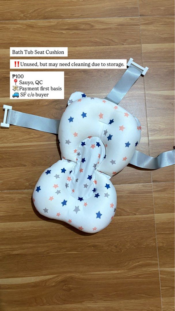 Bath Tub Seat Cushion with Star Print (Category: Bathtub & Bath Accessories) located in Quezon City. Submitted by klydfortz (Listing ID 1454155668, Image 1). Description: - Brand new, unused bathtub seat cushion - Adorable star print in blue, pink, and grey - Comes with straps for secure attachment - May require a quick clean due to storage - Selling for only P100 - Payment first policy applies - Shipping fees are to be shouldered by the buyer.