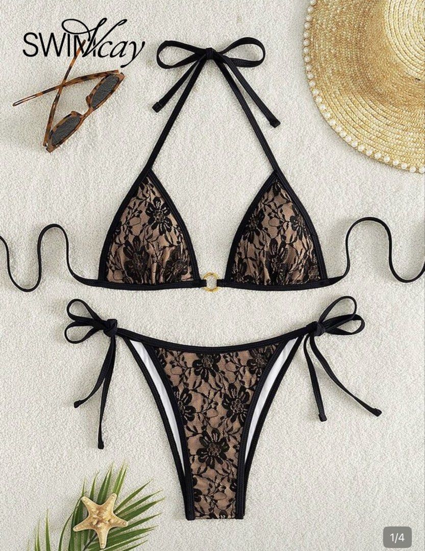 Black Lace Triangle Bikini Set (Category: Bikinis & Swimsuits) located in Santiago. Submitted by cdeclutter (Listing ID 1454105555, Image 2). Description: Black lace bikini with tan lining. Triangle top with gold ring detail. String tie bottoms. Perfect for the beach or pool. 📍santiago city, isabela size xs. actual ww posted, only used once. can ship thru jnt. dm for more info. 🫶.