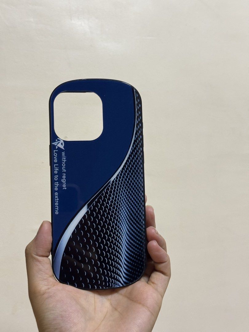 Blue black case Iphone 15 Pro Max (Category: Cases & Sleeves) located in Manila. Submitted by averythingg (Listing ID 1454117267, Image 3). Description: With "Love life" "Live with no regrets" quote at the back.