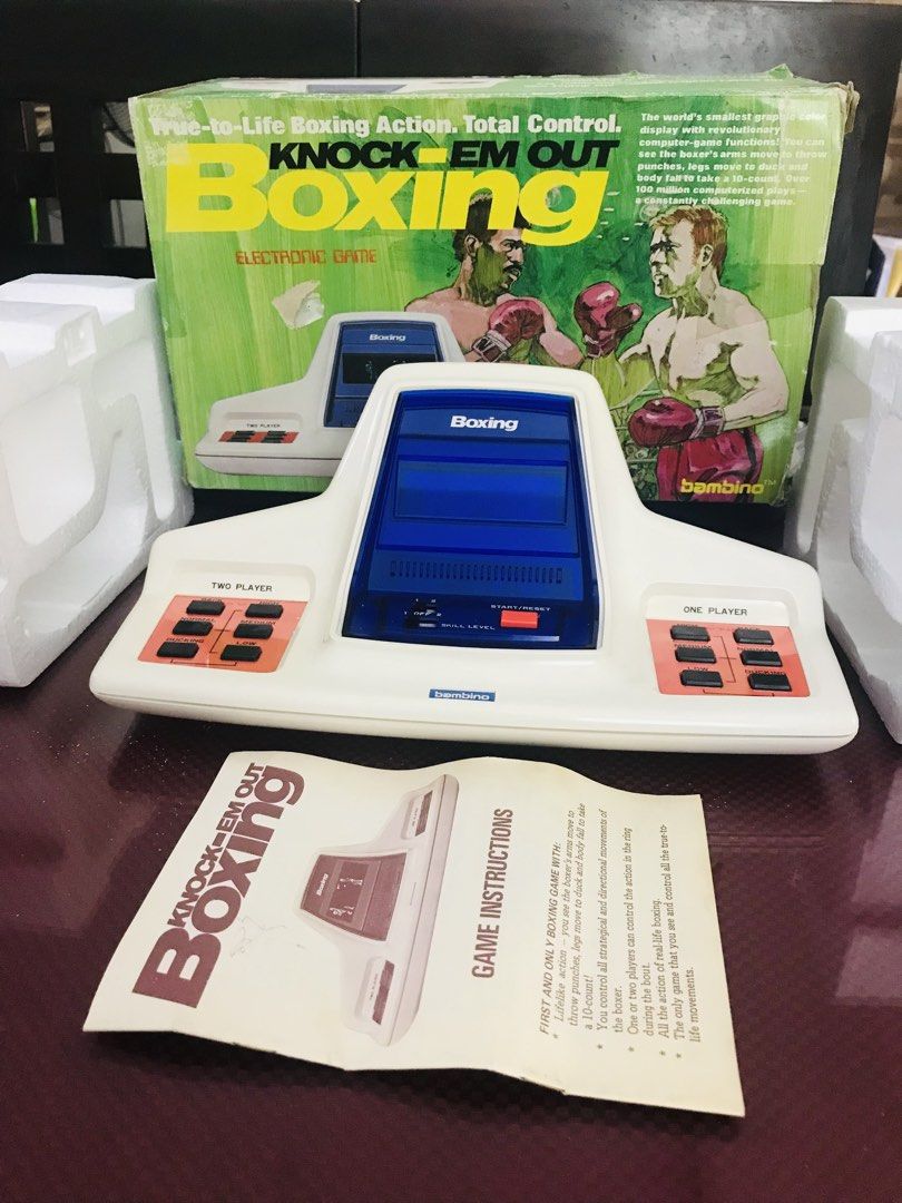 Boxing Table Top Game (2Players) 1979 (Category: Board Games & Puzzles) located in Quezon City. Submitted by regiegeorg77224 (Listing ID 1454097724, Image 1). Description: Brandnew Mint Condition Complete with Manual Intact Box and Styrofoam Vintage Hand held games 1-2 Players Retro Table top game Knock Em Out (Bambino) 1979 QC area Lalamove Bank transfer.