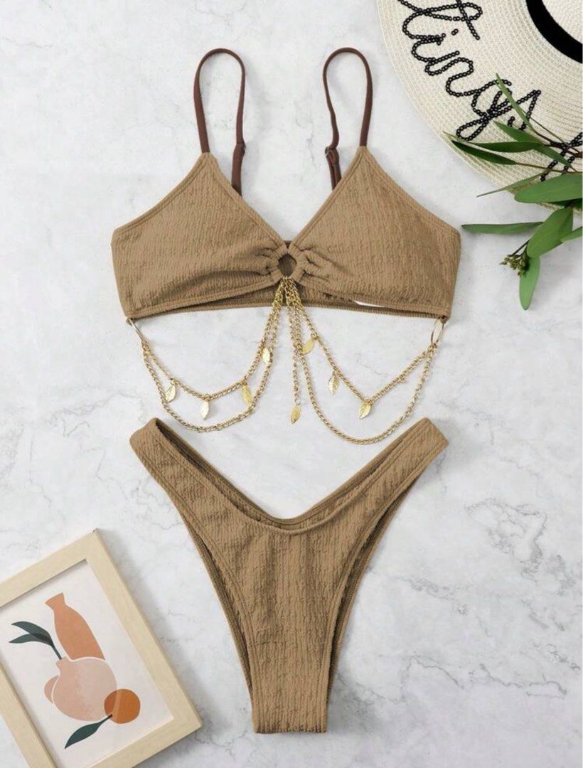 Brown Textured Bikini with Gold Chain Detail (Category: Bikinis & Swimsuits) located in Manila. Submitted by qsashkaa (Listing ID 1454095077, Image 1). Description: - Cute brown bikini set - wore once only - Textured fabric - Gold chain detail on top - High-cut bottoms - Ideal for beach or pool days.
