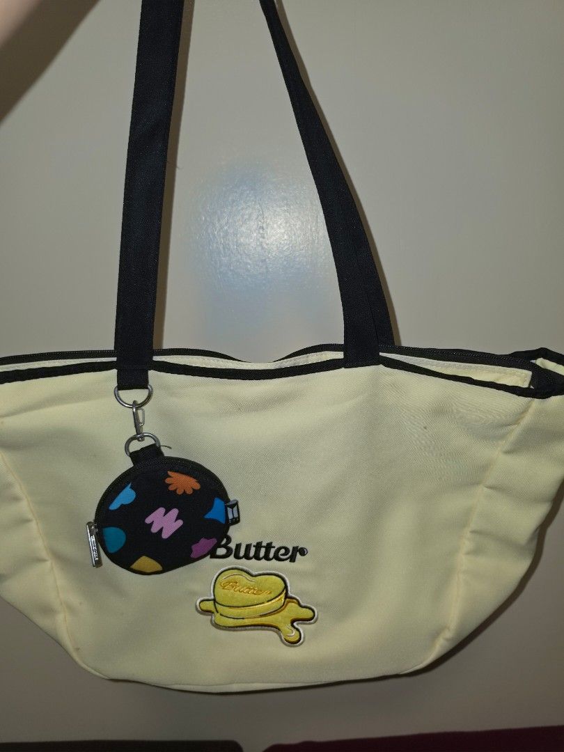 BTS Butter Tote Bag with Charm (Category: Tote Bags) located in Cavite. Submitted by contactcc (Listing ID 1454071843, Image 1). Description: BTS Butter Tote Bag with Charm Needs cleaning due to storage stains (see attached photo for reference) Used once RFS: Decluttering .