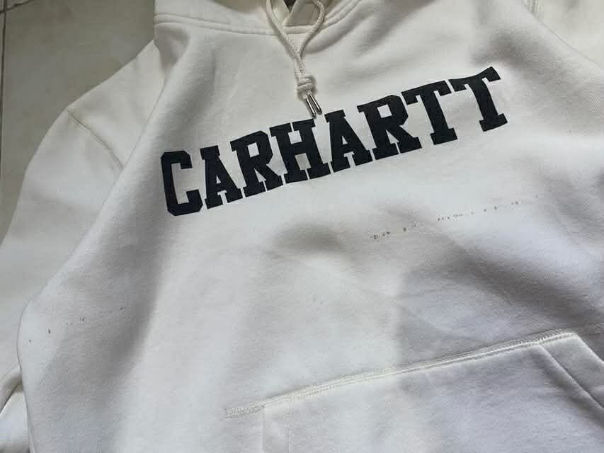 Carhartt WIP District Hoodie (Category: Hoodies) located in Pasig City. Submitted by teddae (Listing ID 1454055827, Image 3). Description: Carhartt WIP District Hoodie complete tags size XL width 23 sleeves 27 length 26.5 faded wash tag, front part has stains can do COD/Gcash mop or meetup if nearby -buyer will handle the shipping fee-.