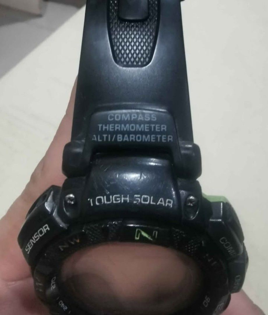 Casio Pro trek solar power (Category: Men's Watches) located in Manila. Submitted by joey67755 (Listing ID 1454186609, Image 2). Description: This Casio Pro Trek PAG240-1 watch features a prominent rotating compass bezel and durable resin band. Model: Casio Pro Trek PRG-240 or PAG-240. Key Features: Triple Sensor technology for compass, altimeter, and barometer. Power: Tough Solar charging system. Water Resistance: Rated for 100 meters RFS need c