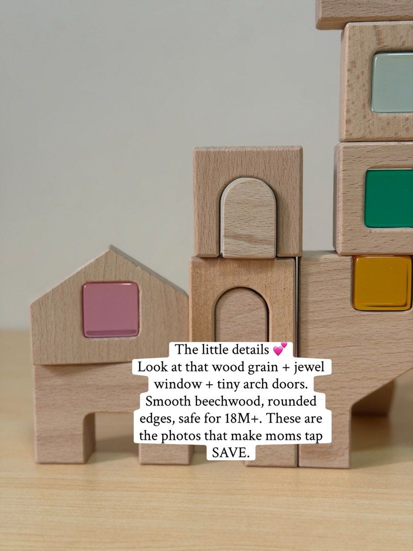 Castle with lucite cubes (Category: Educational & Learning Toys) located in Pasig City. Submitted by timberthinksph (Listing ID 1454146995, Image 3). Description: A whole city in one tray 🏘️🌈✨ Our Wooden City Building Blocks + 15 Lucite Cubes set Natural beechwood houses, arches, castles + those jewel-like rainbow cubes as windows and lights. From flat puzzle → to tall city. One set, two ways to play. Puzzle + stacking + light play in one! .