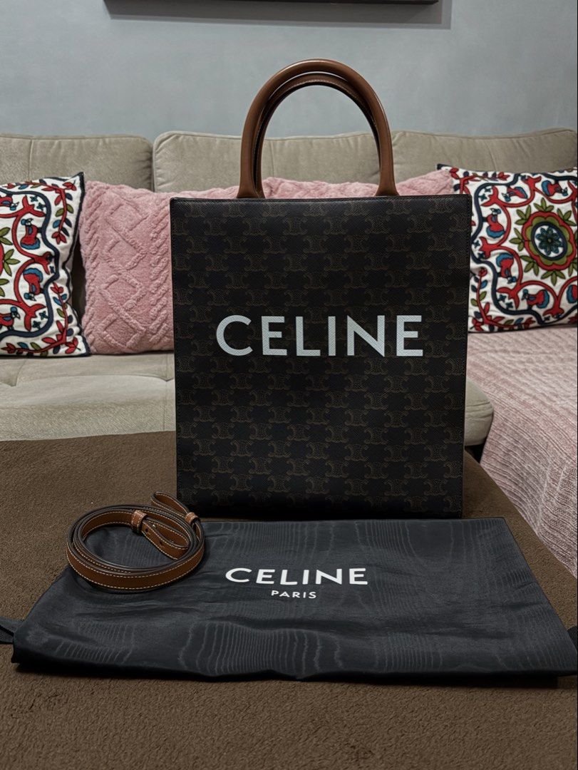 Authentic Celine Triomphe Canvas Vertical Cabas Tote Bag (Small) (Category: Luxury Bags & Wallets) located in Pasig City. Submitted by pat.soriano (Listing ID 1454093063, Image 1). Description: I’m selling my authentic Celine Triomphe Canvas Vertical Cabas Tote Bag in Small size. Bought last 2022 from the Celine Singapore boutique. Its a discontinued bag design. Its original price was around ₱100,000. This also has Entrupy authentication issued l