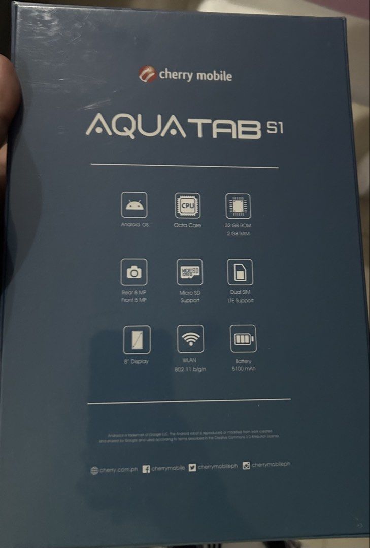 Cherry Mobile Aqua Tab S1 Android Tablet (Category: Android) located in Manila. Submitted by lunalovegoodies (Listing ID 1454183679, Image 2). Description: - Cherry Mobile Aqua Tab S1 - 8-inch Display - Android OS - Octa Core CPU - 32 GB Internal Storage - 2 GB RAM - Expandable Storage via Micro SD - 5100 mAh Battery - WLAN 802.11 b/g/n (Wi-Fi) - Dual SIM LTE Support.