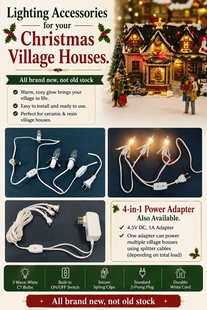Christmas Village Lighting Accessories - Light Cord (Category: Lighting) located in Quezon City. Submitted by cheap_cheaper (Listing ID 1454050645, Image 1). Description: All Brand new, not old stock 3-in1 Light Metal Clip-in Light Cord with Clear Light Bulbs (3pcs) ₽400 * Measurements: 60cm from plug to switch, 90cm switch to bulb, 25cm bulb spacing; * Completely assembled 150cm white cord with On/Off Switch and fused end plug- ready to use! * S