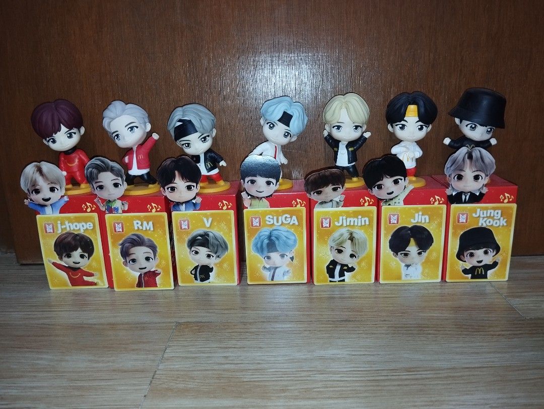 Complete Set BTS McDonald's Collectible Figurines (Category: Designer & Blind Box Toys) located in Pasig City. Submitted by cityshopperph (Listing ID 1454067687, Image 3). Description: - Full set of BTS McDonald's collectible figurines - Each character comes in its original box - Authentic McDonald's promotion item - Ideal for BTS fans and collectors.
