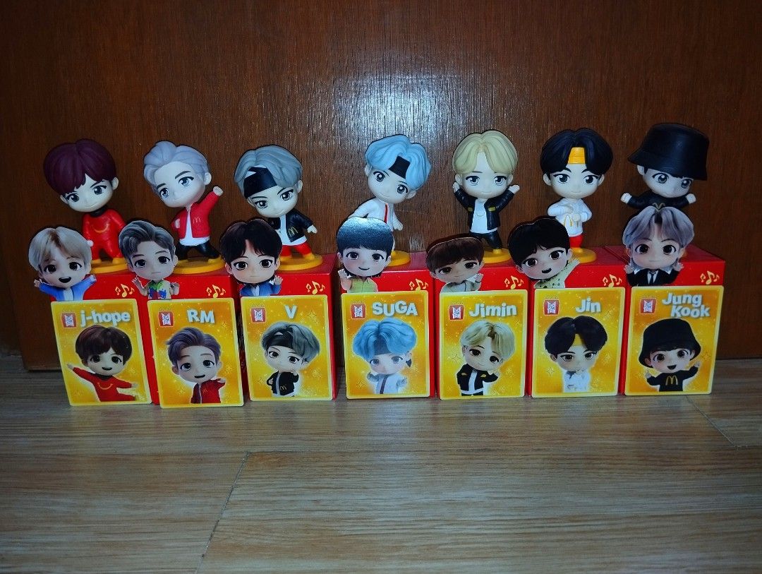 Complete Set BTS McDonald's Collectible Figurines (Category: Designer & Blind Box Toys) located in Pasig City. Submitted by cityshopperph (Listing ID 1454067687, Image 1). Description: - Full set of BTS McDonald's collectible figurines - Each character comes in its original box - Authentic McDonald's promotion item - Ideal for BTS fans and collectors.