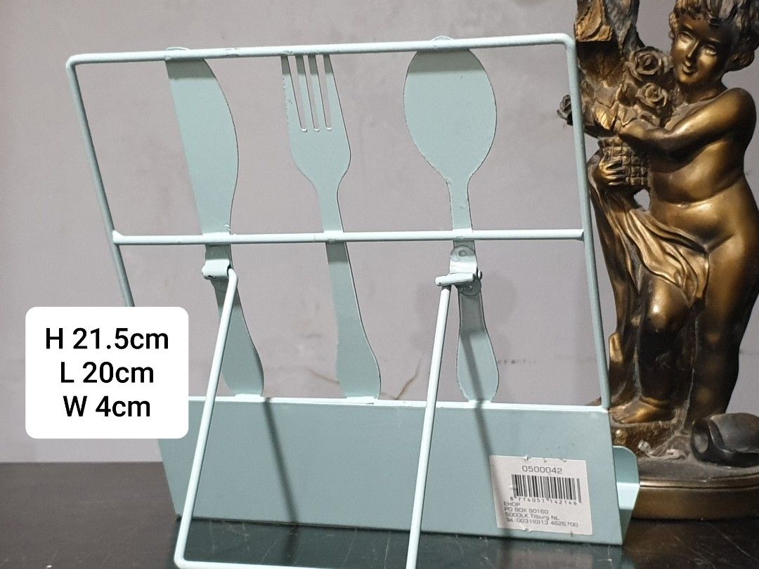 Cook Book Stand Metal (light blue) (Category: Other Kitchenware & Tableware) located in Las Pinas. Submitted by oldsthetics (Listing ID 1454100030, Image 2). Description: Cook Book Stand Metal (light blue) Size dimensions on photo This is a used item Preloved and not new May have imperfections Typical of age and usage Missing small metal stopper ( see photo) Bearable scratches Kindly check the photos carefully to make sure that this vintage condi