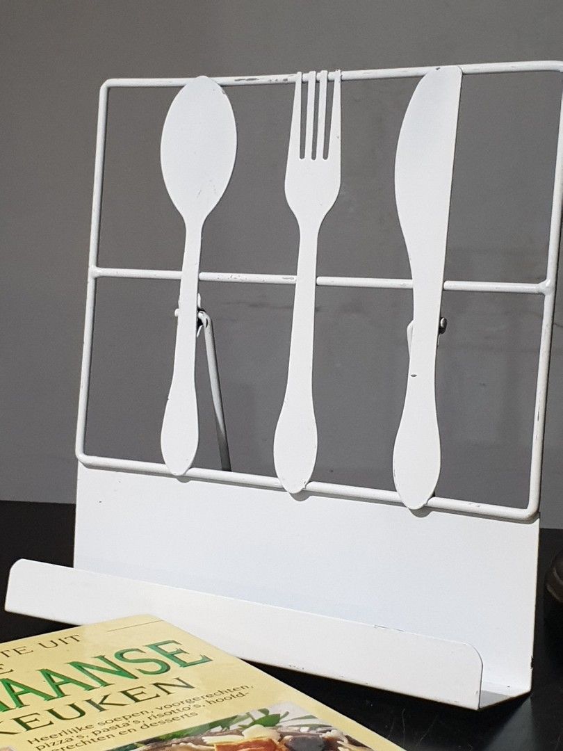 Cook Book Stand Metal (White) (Category: Cookware & Accessories) located in Las Pinas. Submitted by oldsthetics (Listing ID 1454098420, Image 2). Description: Cook Book Stand Metal (White) Size dimensions on photo This is a used item Preloved and not new May have imperfections Typical of age and usage Missing small metal stopper ( see photo) Bearable scratches Kindly check the photos carefully to make sure that this vintage condition suits you De