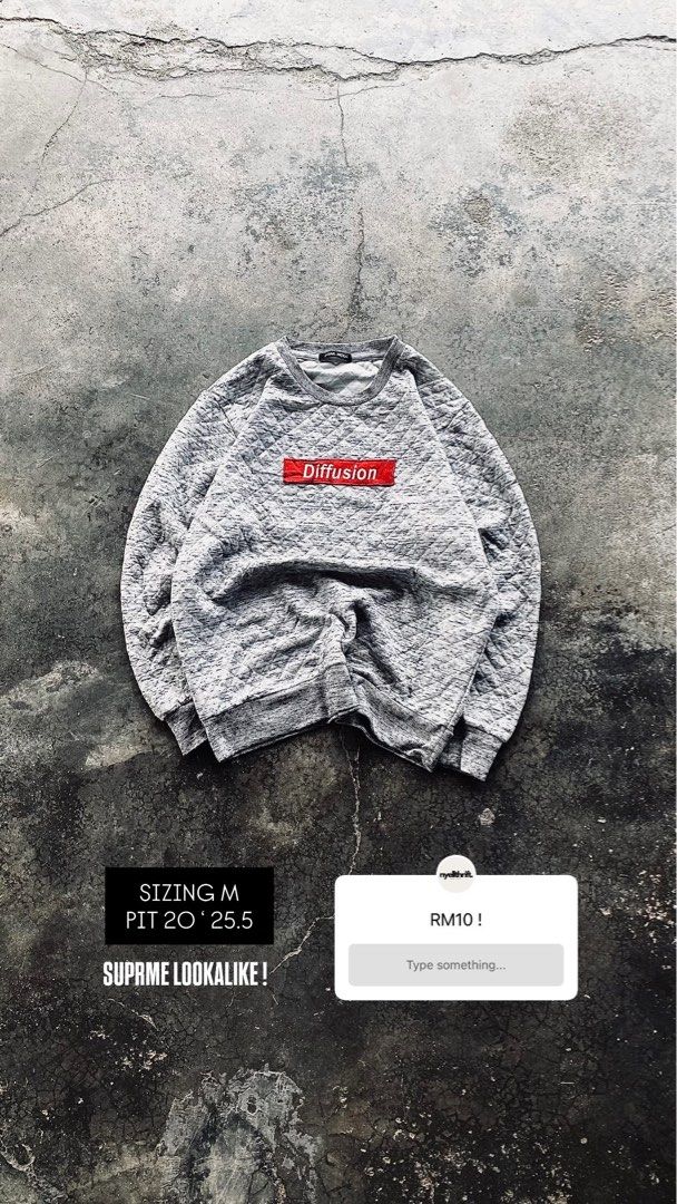 DIFFUSION SWEATSHIRT (Category: Activewear) located in Bota. Submitted by nyellsukabaju (Listing ID 1454094185, Image 1). Description: - sizing and pit labuh semua ada dalam gambar - detail lebih semua bole chat or dm saya - yes harga memang rm10. ig and tt :@nyellthrift.co num: 01158653475 nice to meet u and happy shopping!.