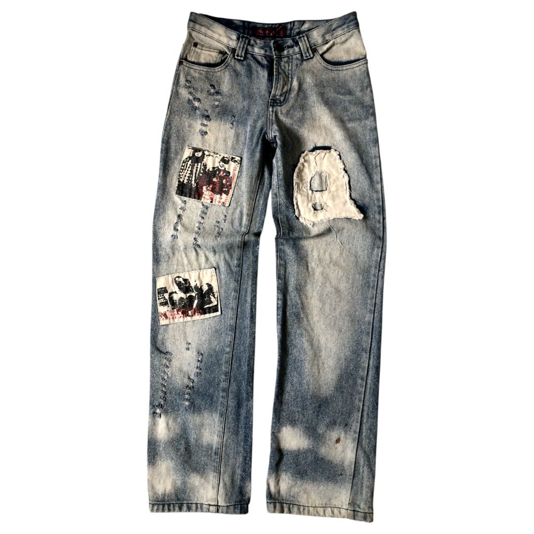 Distressed Patched Bootcut Jeans (Category: Jeans) located in San Fernando. Submitted by 7blunts (Listing ID 1454077464, Image 1). Description: W 28 L 39 H 7.
