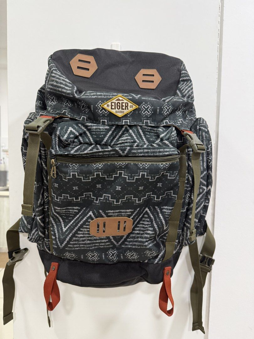 Eiger Backpack Aztec Pattern (Category: Backpacks) located in Kuala Lumpur. Submitted by hazwannnnnnnnn (Listing ID 1454149264, Image 1). Description: Eiger backpack with an all-over aztec-inspired print. Black and grey tones with brown leather accents. Multiple pockets and adjustable straps. Great for everyday use or short trips. - Condition 9.5/10 - I only used it a few times. COD CYBERJAYA.