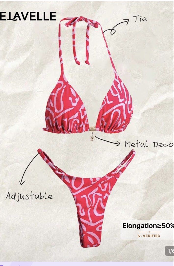 ELAVELLE Pink & Red Abstract Print Bikini (Category: Bikinis & Swimsuits) located in Santiago. Submitted by cdeclutter (Listing ID 1454104245, Image 2). Description: Cute pink and red abstract print bikini. Halter neck top with tie closure. Bottoms are adjustable. 📍santiago city, isabela size small. actual ww posted, only used once. can ship thru jnt. dm for more info. 🫶.