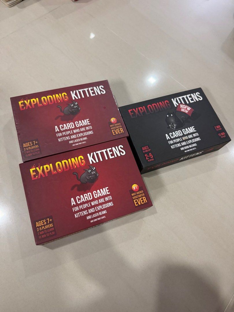 Exploding kittens (Category: Board Games & Puzzles) located in Singapore. Submitted by sleepychairs (Listing ID 1454123873, Image 1). Description: Exploding kittens x2 original dditions x1 NSFW version each set is $5 meet ups only .
