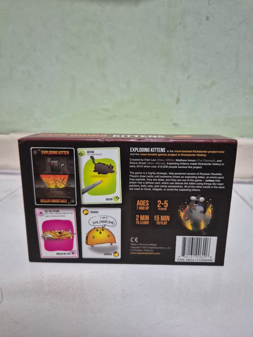 Exploding Kittens Card Game (Category: Board Games & Puzzles) located in Singapore. Submitted by marrrk91 (Listing ID 1454135840, Image 2). Description: - Exploding Kittens Card Game - For 2-5 Players - Ages 7 and Up - Game Time: 15 Minutes - Ideal for Parties & Family Game Nights - Features kittens, explosions, and laser beams!.