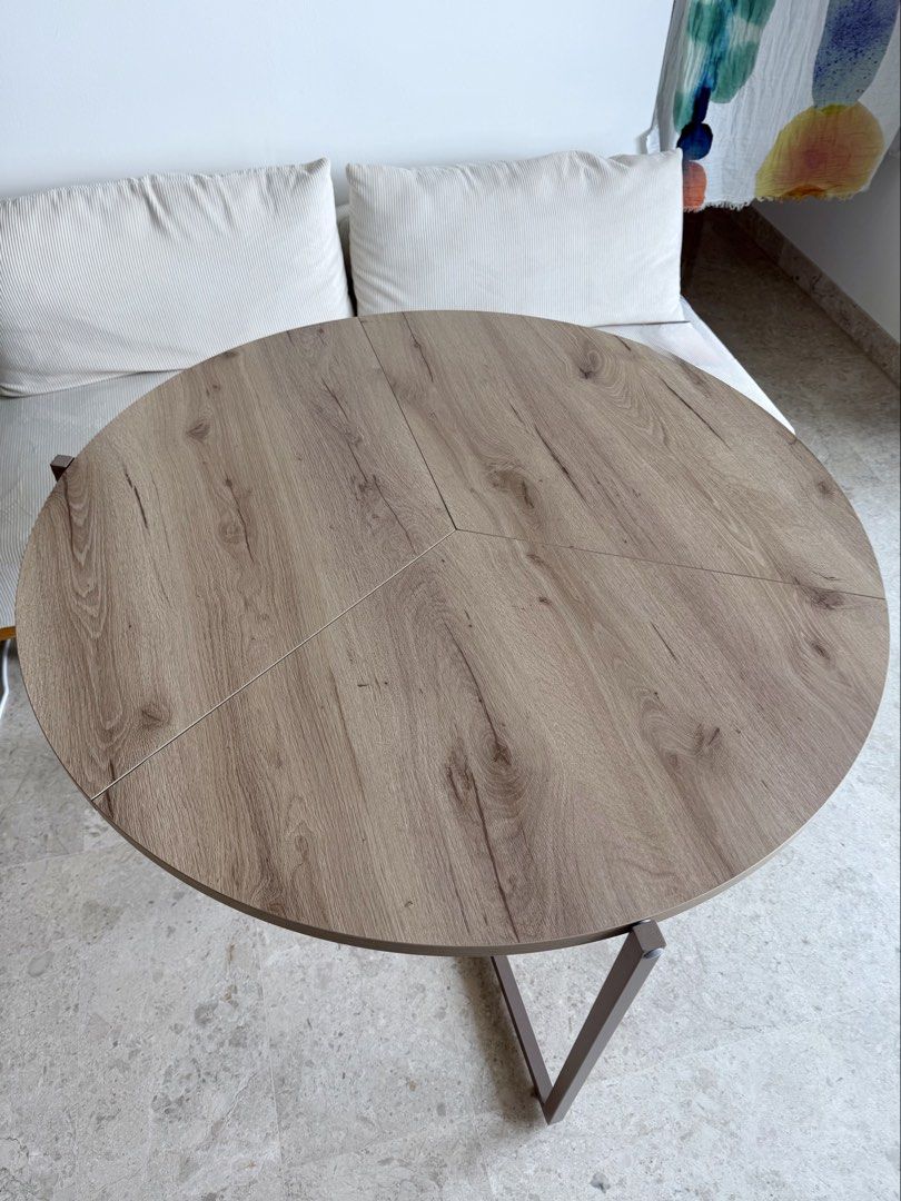 Foldable dining table (Category: Tables & Sets) located in Singapore. Submitted by emr001 (Listing ID 1454070335, Image 2). Description: - wooden style foldable dining table -round dimention 110cm -height 76cm -like new -good condition Pick up only.