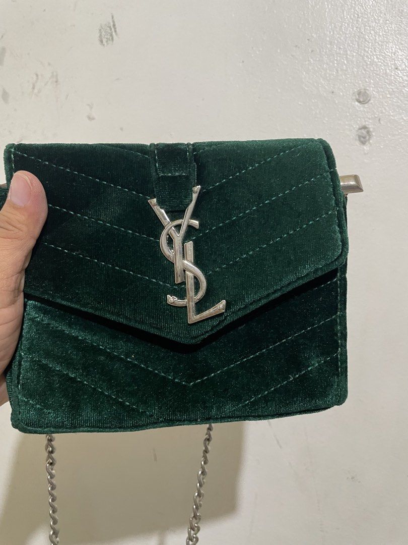 Green Velvet YSL Chain Bag (Category: Luxury Bags & Wallets) located in San Pedro. Submitted by ronamievsuazo (Listing ID 1454118884, Image 2). Description: - Dark green velvet crossbody bag - Iconic silver YSL logo hardware - Silver chain strap - Interior zippered compartment - Small and compact, ideal for nights out or adding a pop of color.