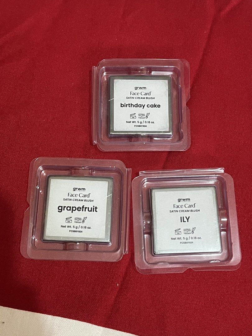grwm satin cream blush (Category: Makeup) located in Manila. Submitted by orangeisloopy (Listing ID 1454083974, Image 2). Description: shades: birthday cake, grapefruit, ily - swatched only - 95% full -₱120 each, ₱300 if taking all.