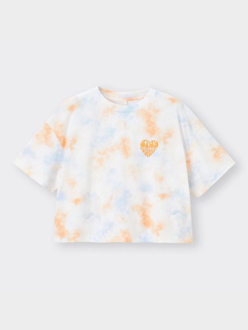 GU Tie-dye Style T-Shirt (Category: Shirts) located in Mandaluyong City. Submitted by miaaaa32 (Listing ID 1454050225, Image 1). Description: - Cool tie-dye t-shirt - Orange and blue swirls on a white base - Small orange heart logo on the chest “Stay Sunny” - Comfortable and casual design - Ideal for everyday wear - Easy to pair with jeans or shorts.