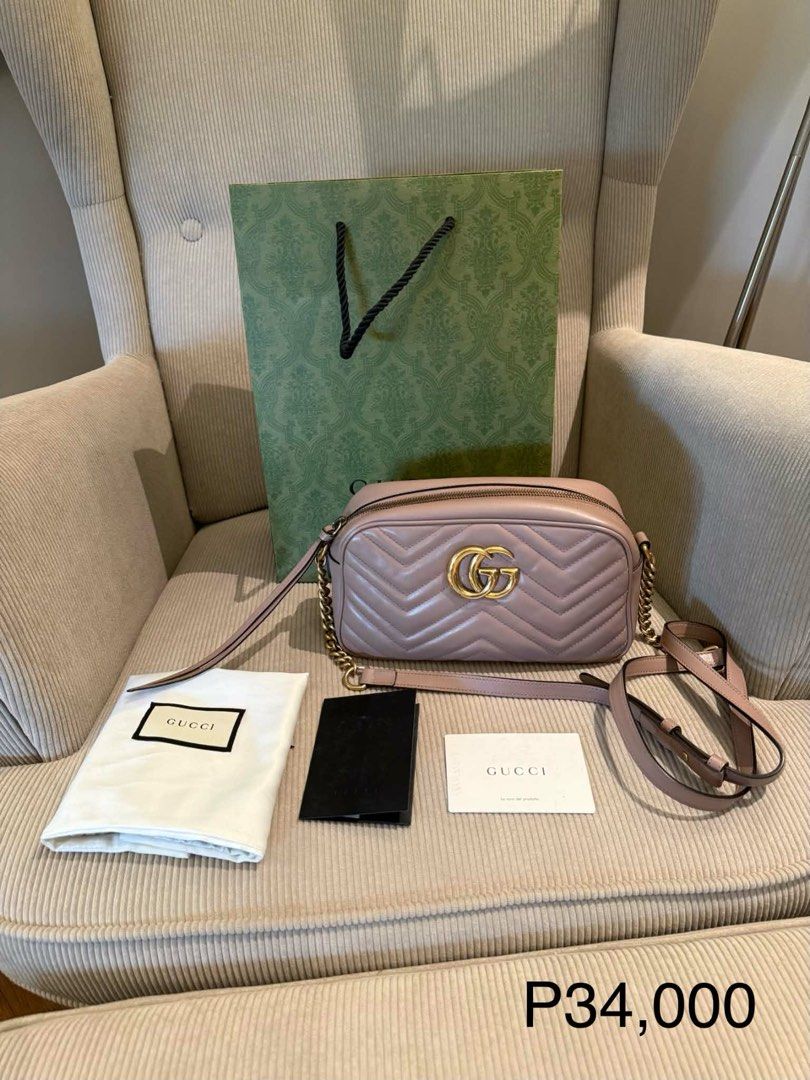 Gucci Marmont Camera Bag Small Pink Chevron Leather Gold Hardware (Category: Luxury Bags & Wallets) located in Manila. Submitted by dressesaroundmetro (Listing ID 1454093721, Image 1). Description: Authentic Preloved Dust Bag reciept Paperbag .