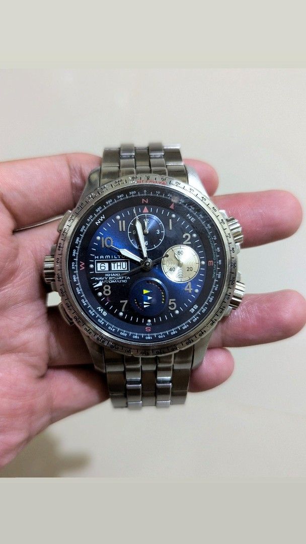 Hamilton Khaki Navy Chronograph Automatic (Category: Men's Watches) located in Quezon City. Submitted by dustydialsph (Listing ID 1454145764, Image 1). Description: - Hamilton Khaki Automatic - Striking Blue Dial - Day and Date Functionality - Reliable Chronograph Feature - Durable Stainless Steel Bracelet with Deployant Clasp - Water Resistant up to 150 Meters - Authentic Swiss Made Quality - Yacth Timer - Valjoux 7750 movement.