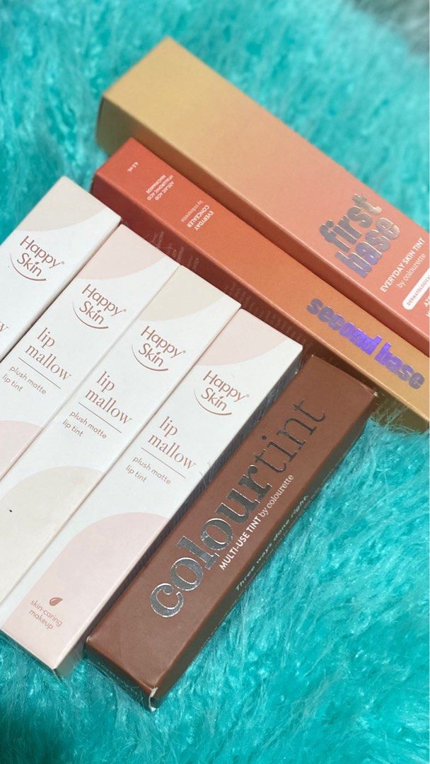 Happy Skin and Colourette (Category: Makeup) located in San Pablo. Submitted by ajcpxyz (Listing ID 1454012264, Image 1). Description: 📍 San Pablo, Laguna/Silang, Cavite • Happy Skin Lip Mallow (2 Eclair, 1 Minimalist, 1 Nostalgia) • First Base (Siargao) • Second Base (Siargao) • Colourtint (Matte Jordyn) All in FULL SIZE, not minis. Bought on official sh0pee store. Have proof of purchase. .