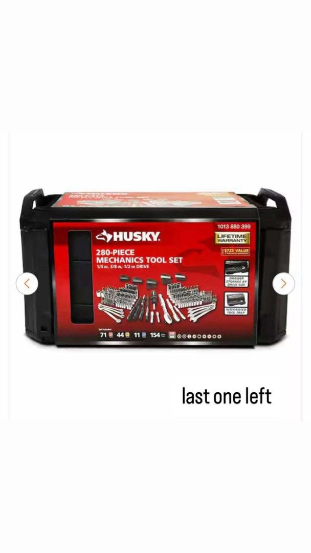 Husky 280-Piece Mechanics Tool Set (Category: Construction Tools & Equipment) located in Vigan. Submitted by marneecristobal (Listing ID 1454054608, Image 1). Description: - Husky 280-piece mechanics tool set - Includes 1/4 in, 3/8 in, and 1/2 in drive tools - Comes with a durable storage tray - Lifetime warranty (as indicated on packaging) - Ideal for mechanics and DIY enthusiasts - Last unit available!.