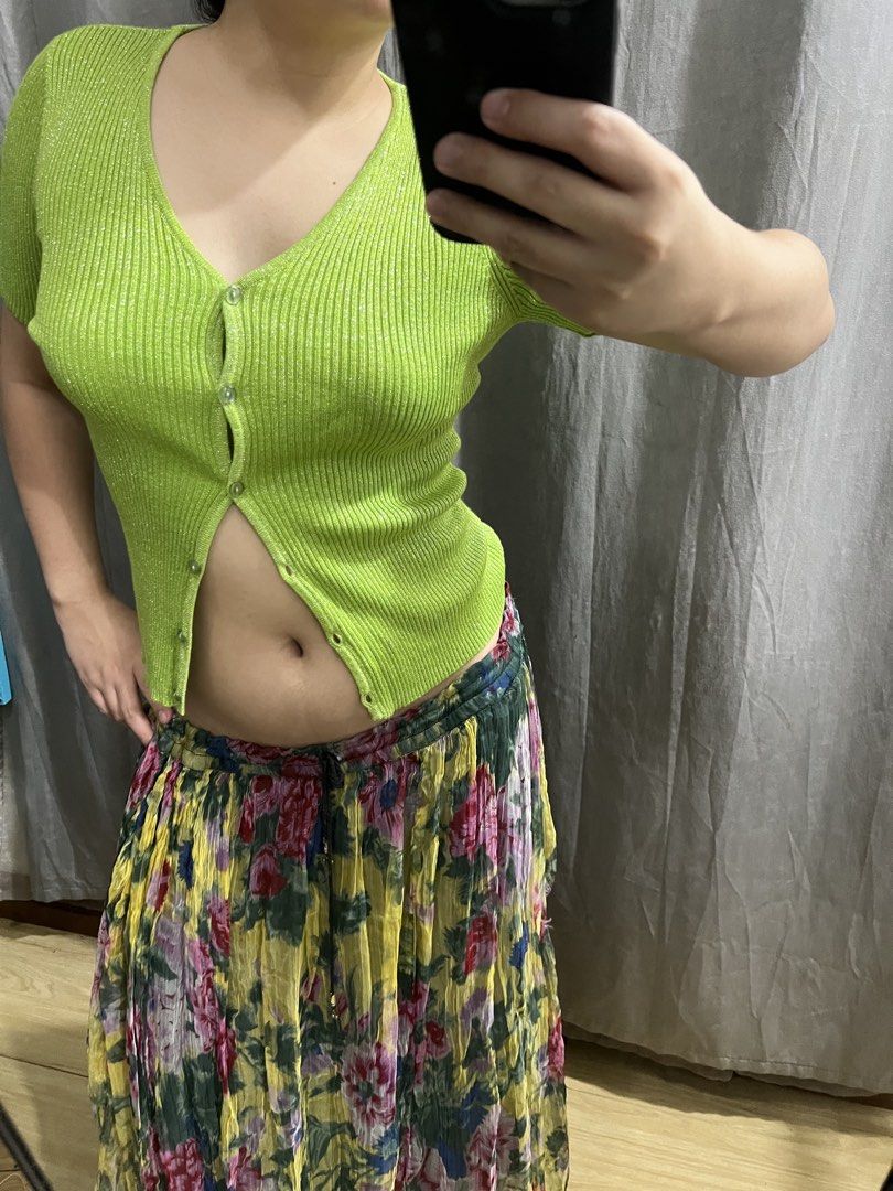 Ibiza Sparkly Green Button-Up Top (Category: Sets or Coordinates) located in Manaoag. Submitted by wewhorewhat (Listing ID 1454186457, Image 3). Description: size xs- small - Sparkly green short-sleeve top - Buttons up the front - Flowy floral maxi skirt with yellow base - Pink and red flower print on skirt - Elasticated waist with drawstring on skirt - Perfect for casual wear, beach vibes.