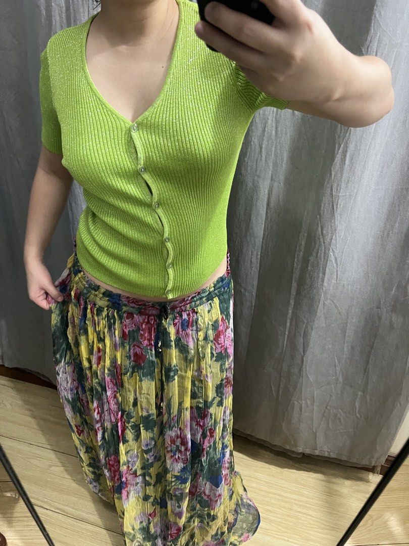 Ibiza Sparkly Green Button-Up Top (Category: Sets or Coordinates) located in Manaoag. Submitted by wewhorewhat (Listing ID 1454186457, Image 1). Description: size xs- small - Sparkly green short-sleeve top - Buttons up the front - Flowy floral maxi skirt with yellow base - Pink and red flower print on skirt - Elasticated waist with drawstring on skirt - Perfect for casual wear, beach vibes.
