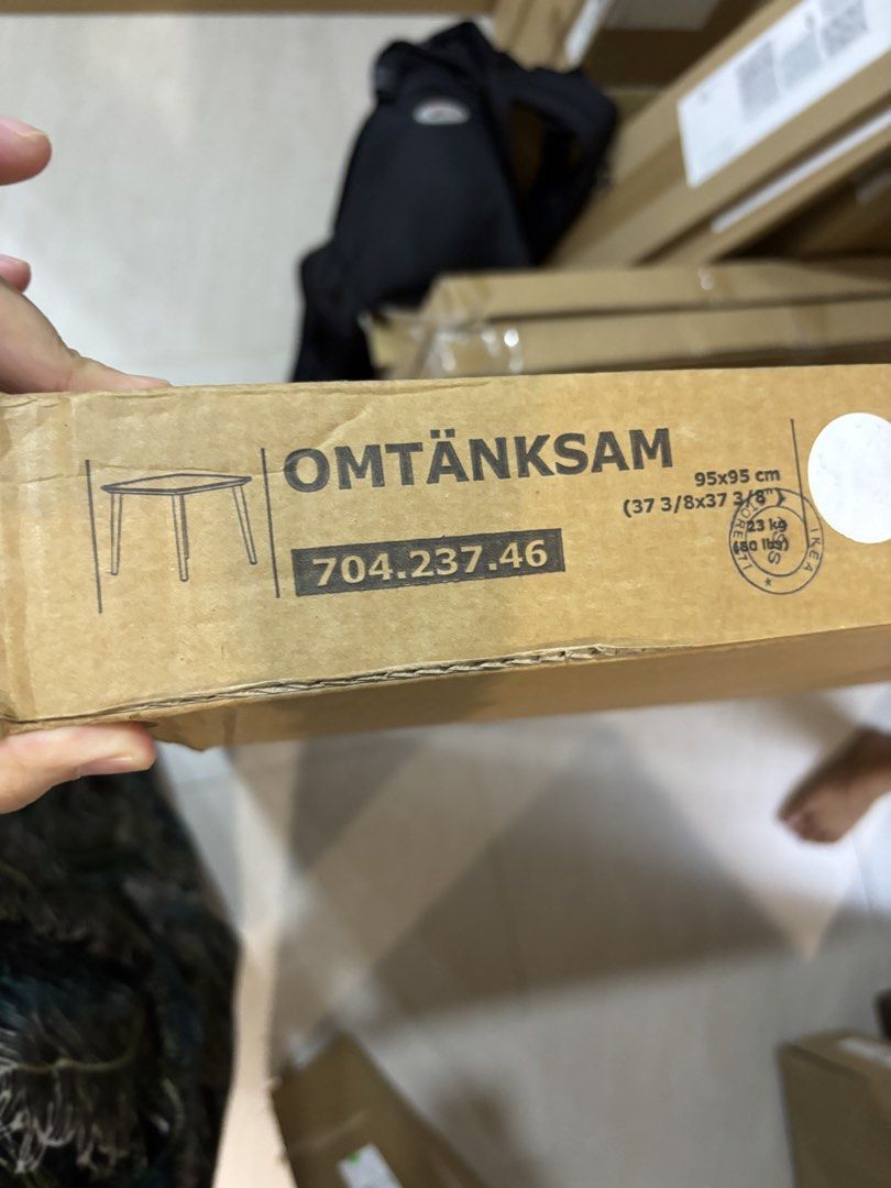Ikea table (Category: Tables & Sets) located in Tampoi. Submitted by norsyafiqa57931 (Listing ID 1454077756, Image 1). Description: Omtanksam ikea table Solid wood New in box White colour, leg wood colour.