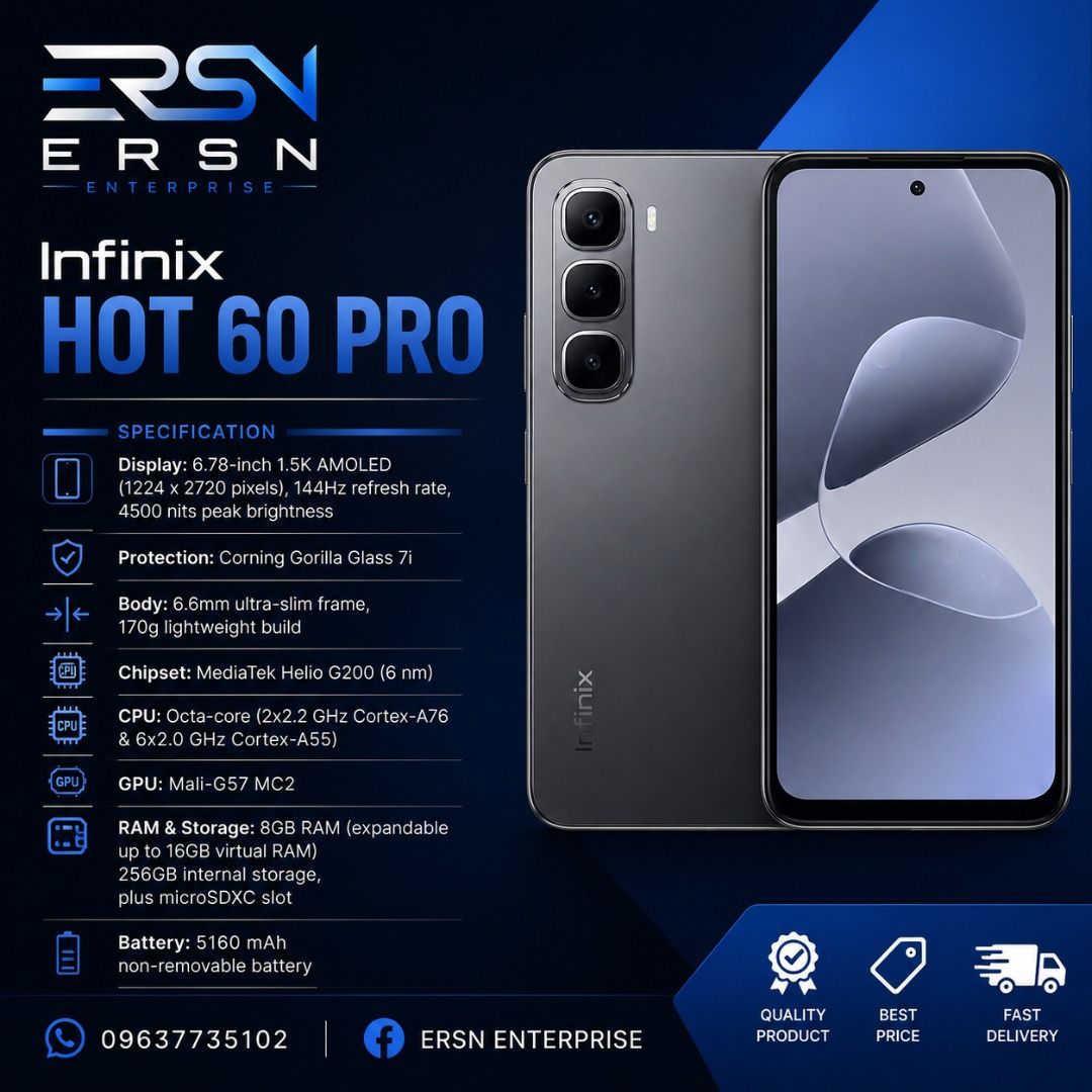 📱Infinix Hot 60 pro📱 (Category: Android Others) located in Santa Rosa. Submitted by ersnenterprises (Listing ID 1450359794, Image 1). Description: 📱 Infinix HOT 60 – Ultra Slim. Ultra Smooth. Ultra Powerful. ✨ 🌟 Key Features ✅ Premium Ultra-Slim Design Only 5.95mm thin Lightweight at just 155g Elegant 3D Curved Display for a premium feel ✅ Immersive 6.78-inch 1.5K AMOLED Display Crystal-clear 1.5K Resolution Ultra-smooth 144Hz Refresh Rate Pr