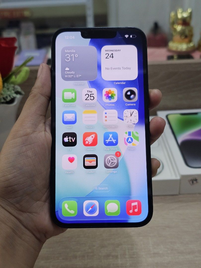IPHONE 14 128GB 77%BH (Category: iPhone 14 Series) located in Rizal. Submitted by bheviers14 (Listing ID 1454021016, Image 3). Description: IPHONE 14 128GB 77% battery health Factory unlocked All working ✅️ Test to sawa no history of repair WIth original box,cable No issue performance ISSUE:DENTS,HAIRLINE CRACK LENS (NOT AFFECTED SHOTS) NO SWAP Store location: Cityland grand central residences mandaluyong Ground-floor unit 106.