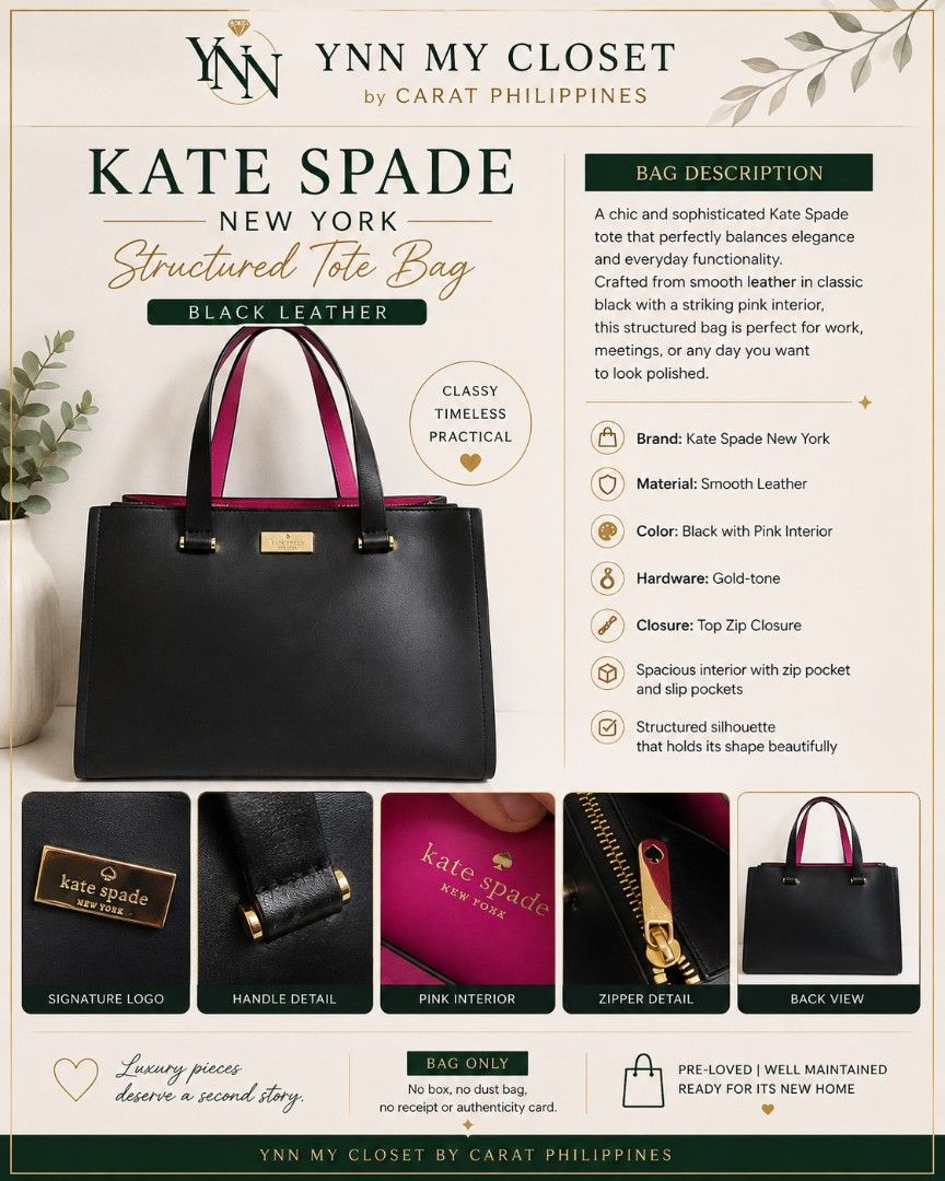 Kate Spade Pink Black Leather Bag (Category: Luxury Bags & Wallets) located in Quezon City. Submitted by ynnmyclosetph (Listing ID 1454120850, Image 1). Description: ✨ PRE-LOVED KATE SPADE NEW YORK STRUCTURED TOTE BAG ✨ Elegant, timeless, and perfect for everyday use. This beautiful Kate Spade New York Structured Tote features a sleek black leather exterior paired with a stunning pink interior ideal for work, meetings, or elevating your daily sty