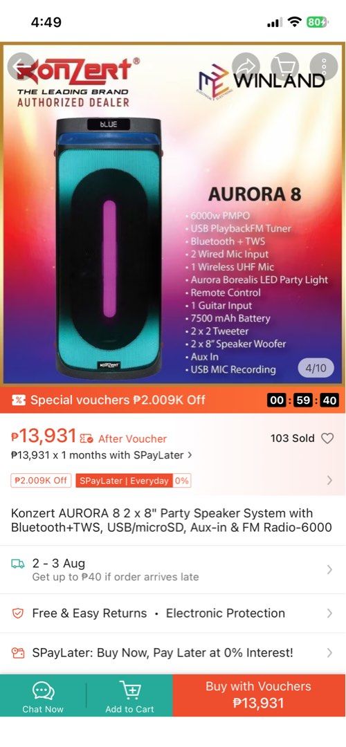 Konzert Aurora 8 Speaker with Wireless Mic (Category: Soundbars, Speakers & Amplifiers) located in General Trias. Submitted by kimmykylie (Listing ID 1454022484, Image 1). Description: Details nasa Pic po. Good as new. No issue. Unli Testing. RFS: need cash for Laptop Upgrade Solid sounds and nakakaganda boses mic 🥰😂 location: Gentri Cavite.