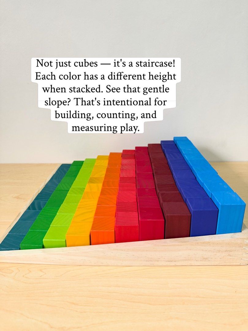 Large Stepped Blocks (Category: Educational & Learning Toys) located in Pasig City. Submitted by timberthinksph (Listing ID 1454148033, Image 2). Description: 100 blocks. 10 colors. Endless learning. 🌈📚 This is our Large Stepped Blocks — 100 solid beechwood cubes in 10 vibrant rainbow colors. It’s a puzzle, it’s a sorter, it’s a stacker, it’s a staircase, it’s math manipulative. One tray does it all!.
